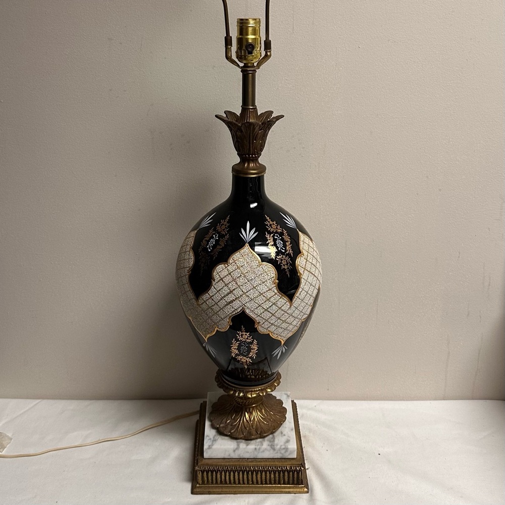Hollywood Regency Tall Black Table Lamp Black Gold Ornate on Marble Base 36”H